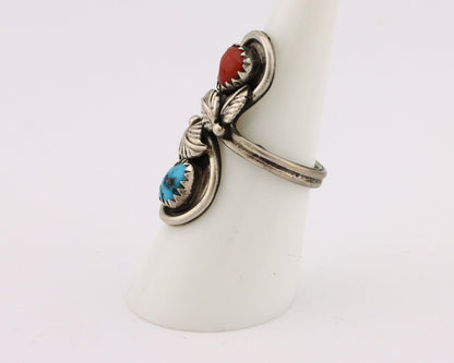 Navajo Ring 925 Silver Blue Turquiose & Mediterranean Coral Native Artist C.80's