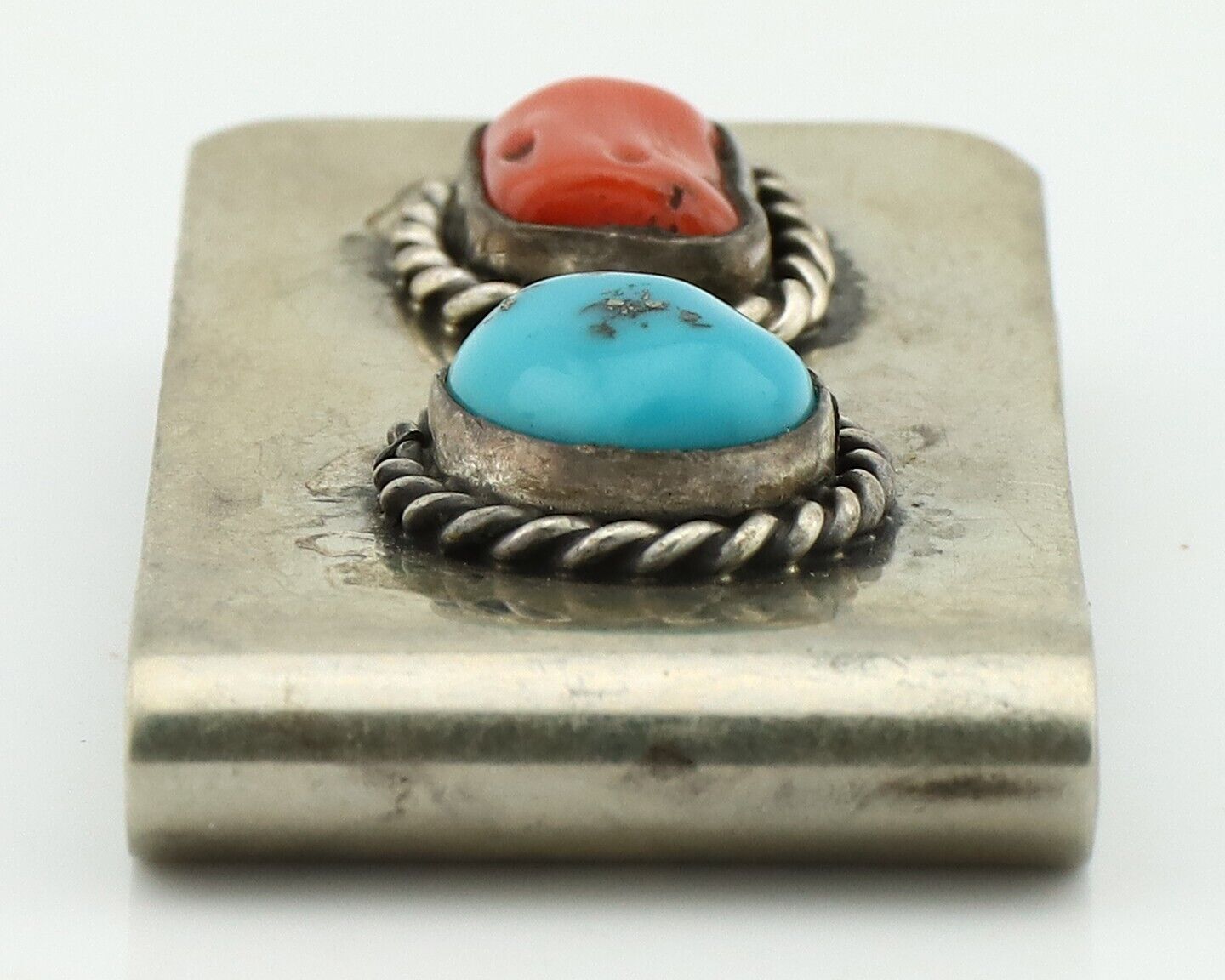 Navajo Money Clip 925 Silver & 999 Nickel Natural Turquoise & Coral Artist C80