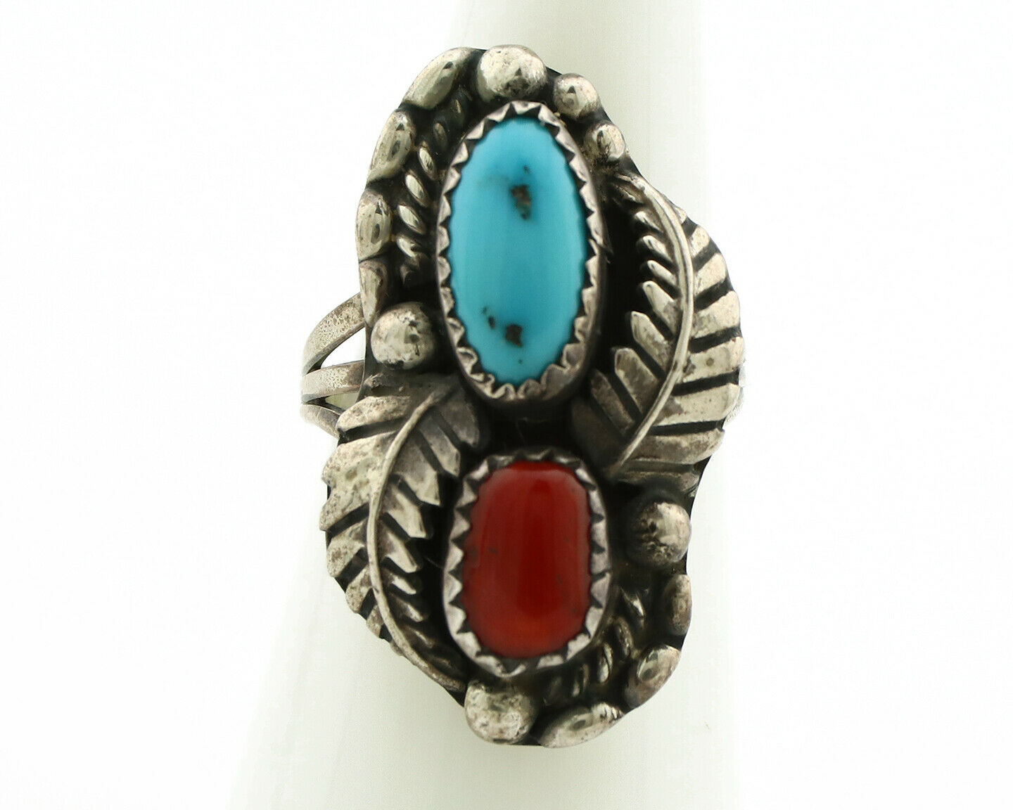 Navajo Ring .925 Silver Turquoise & Coral Artist Signed Thomas Singer C.80's