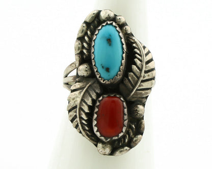 Navajo Ring .925 Silver Turquoise & Coral Artist Signed Thomas Singer C.80's