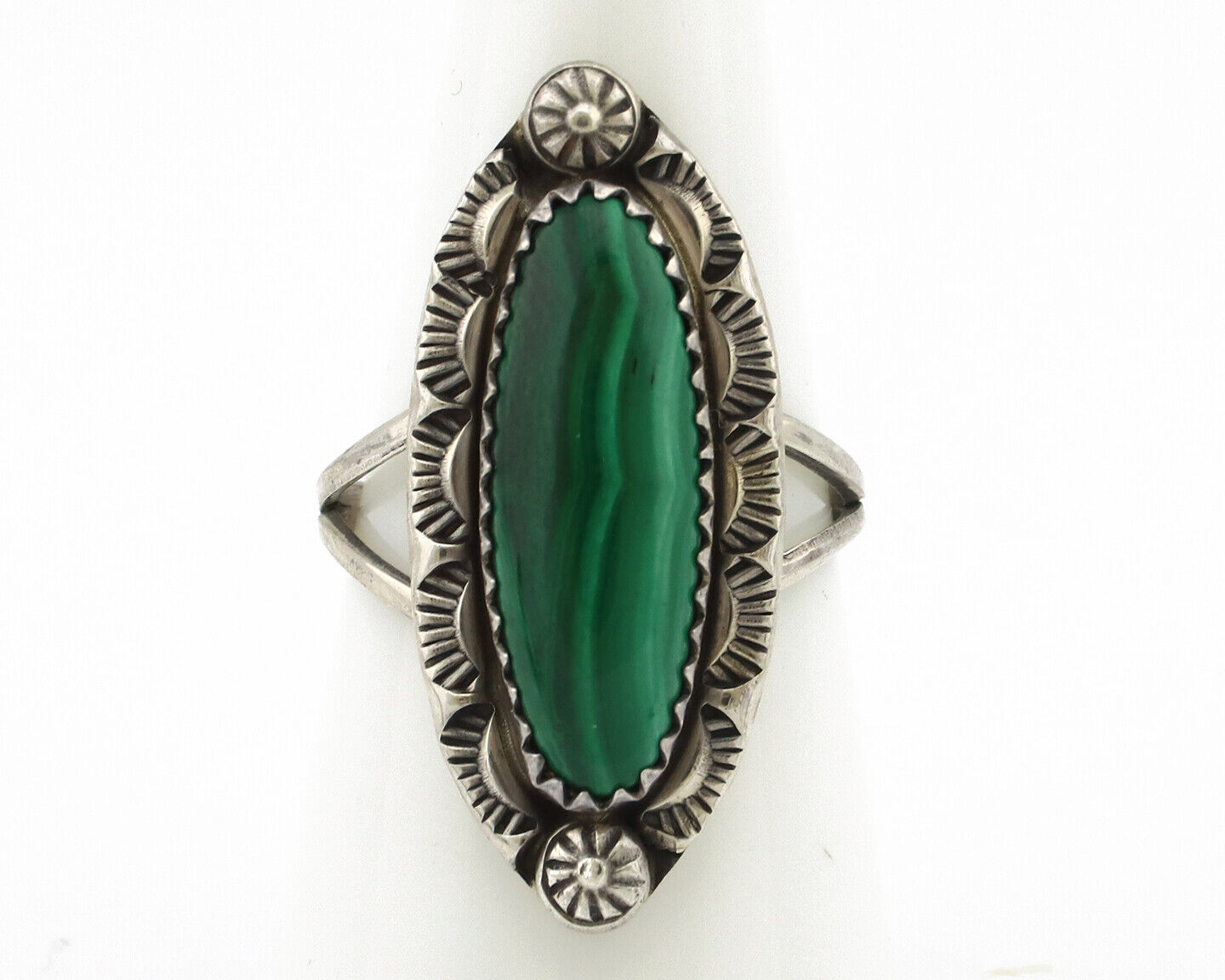 Navajo Ring 925 Silver Natural Malachite Artist Native American Signed H C.80's