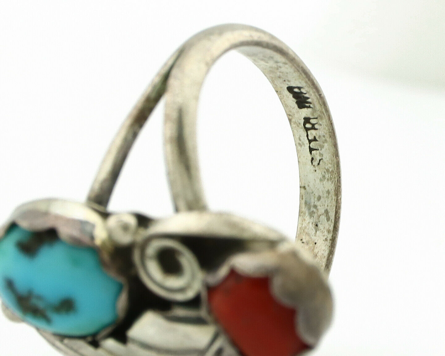 Navajo Ring .925 Silver Turquoise & Coral Native American Artist C.1980's