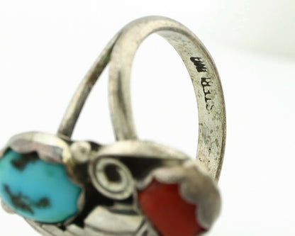 Navajo Ring .925 Silver Turquoise & Coral Native American Artist C.1980's