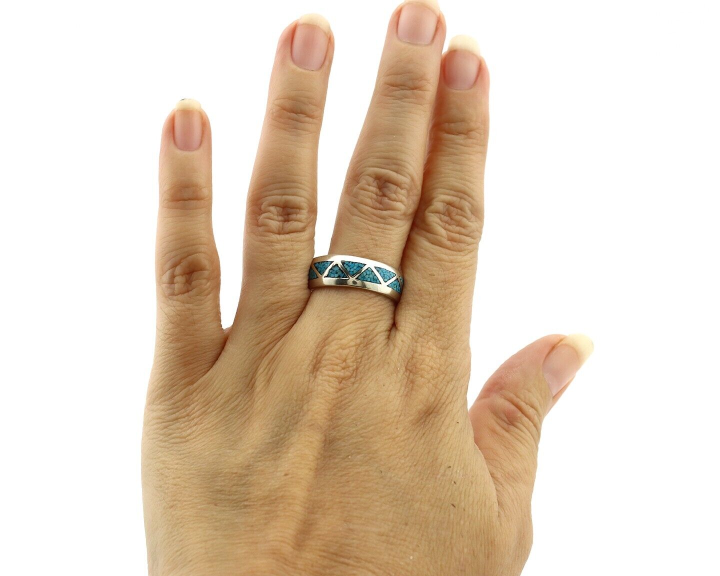 Navajo Chip Inlay Ring 925 Silver Sleeping Beauty Turquoise Artist Silver Cloud