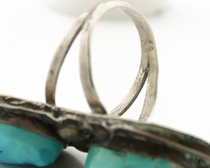 Navajo Ring .925 Silver Globe Turquoise Hand Stamped Native American Artist C80s
