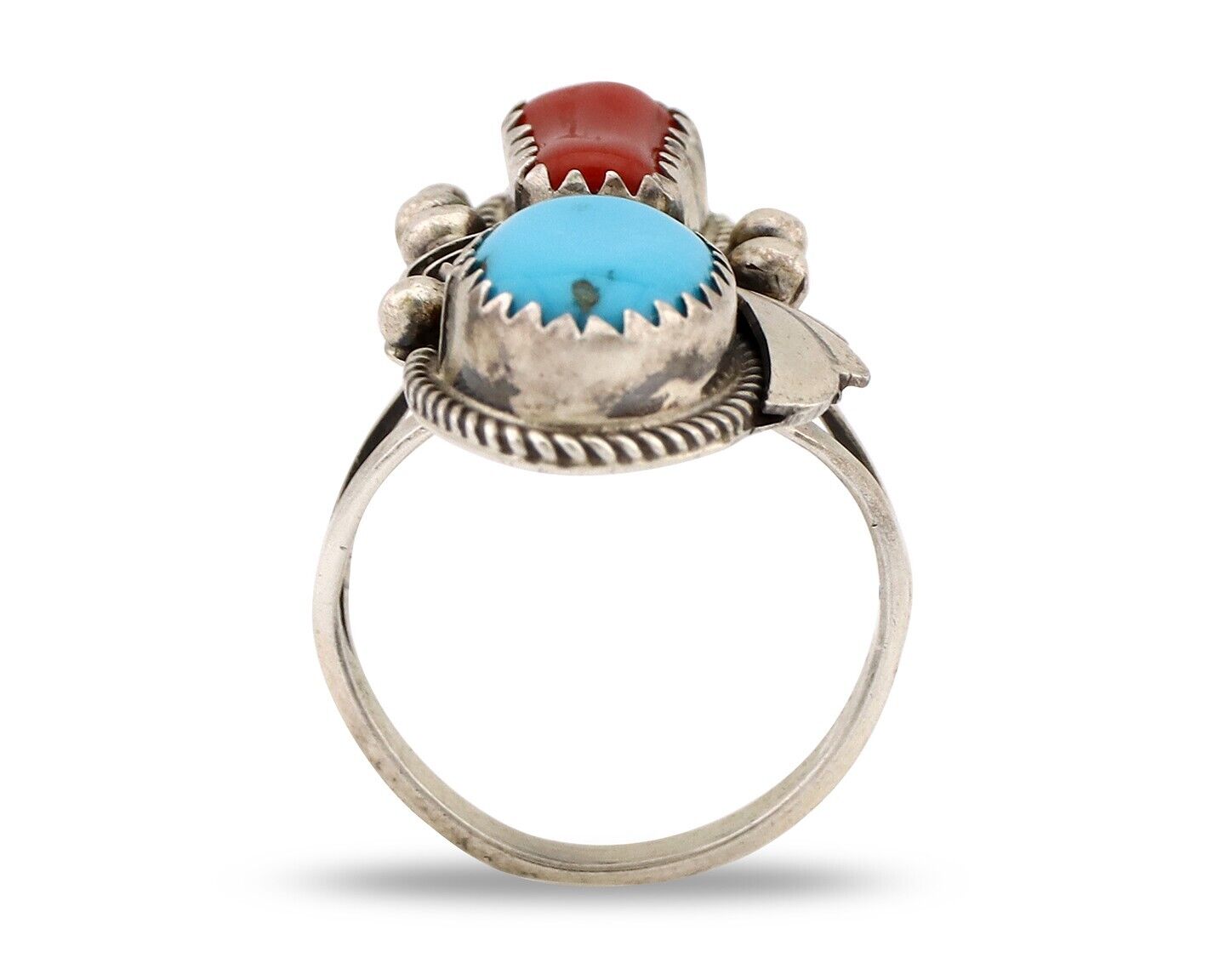 Navajo Ring 925 Silver Blue Turquiose & Mediterranean Coral Native Artist C.80's
