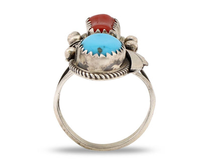 Navajo Ring 925 Silver Blue Turquiose & Mediterranean Coral Native Artist C.80's
