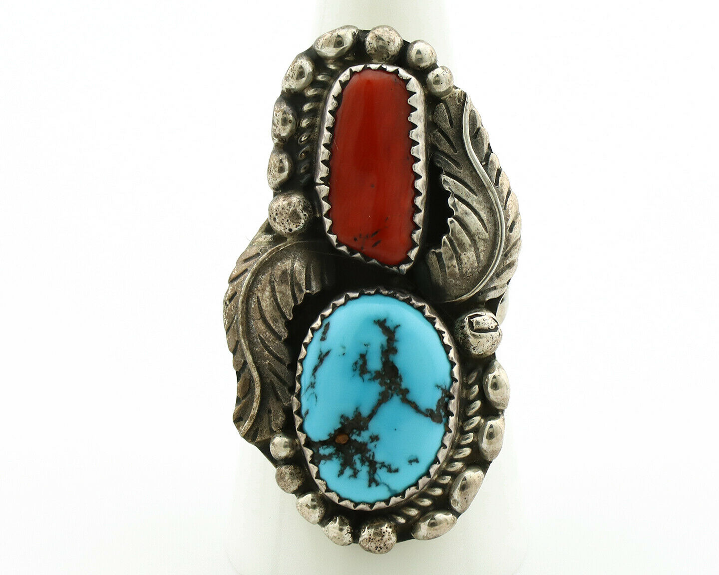 Navajo Ring .925 Silver Turquoise & Coral Artist Signed Thomas Singer C.80's