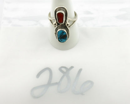 Navajo Ring .925 Silver Blue Turquoise & Red Coral Native American Artist C.80's