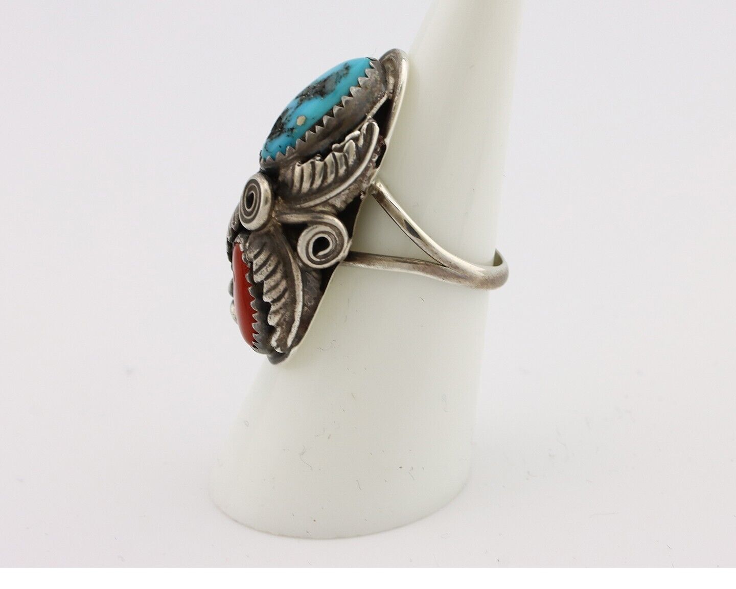 Navajo Handmade Ring 925 Silver Turquiose & Coral Artist Signed MP C.80's