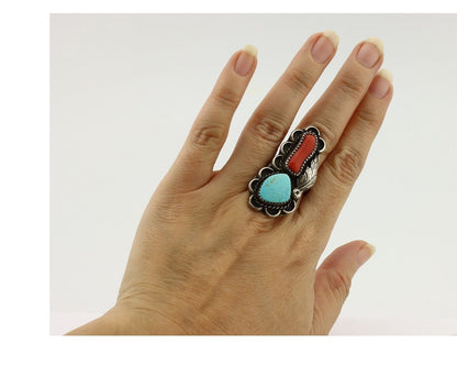 Navajo Ring 925 Silver Blue Turquiose & Coral Artist Signed ID C.80's