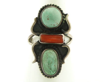 Navajo Ring 925 Silver Coral & Globe Turquoise Native American Artist C.80's