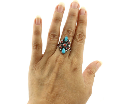 Navajo Ring 925 Silver Turquoise & Coral Handmade Native American Artist C.1980s