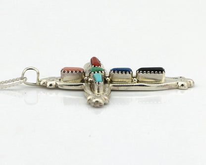 Zuni Handmade Cross Necklace 925 Silver Natural Gemstone Signed E Kaskalla C.80s