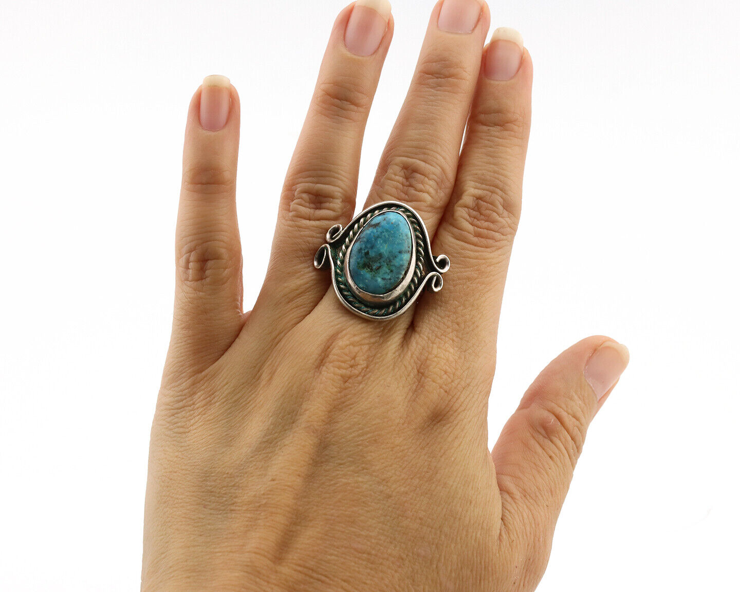 Navajo Ring .925 Silver Blue Gem Turquoise Native American Artist C.1980's