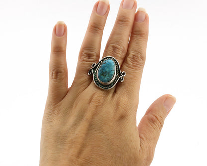 Navajo Ring .925 Silver Blue Gem Turquoise Native American Artist C.1980's