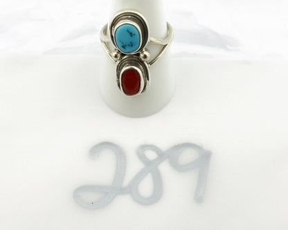 Navajo Ring .925 Silver Blue Turquoise & Red Coral Native American Artist C.80's