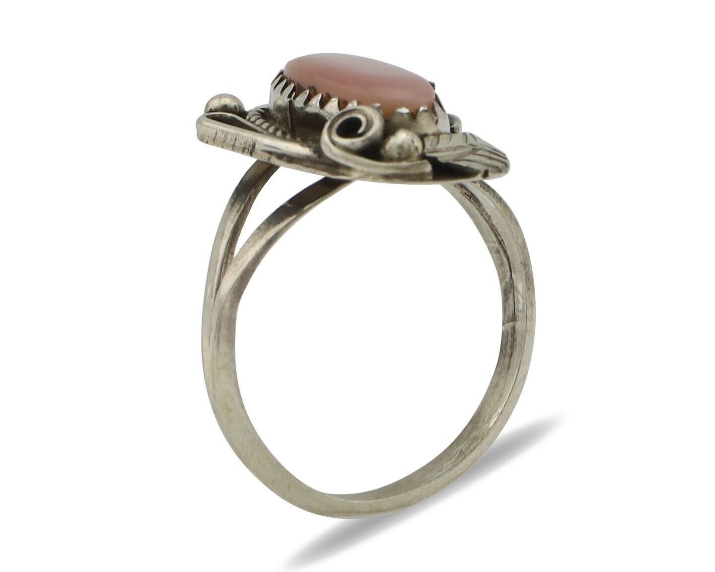 Navajo Ring .925 Silver Natural Pink Mussel Artist Signed Justin Morris C.80's