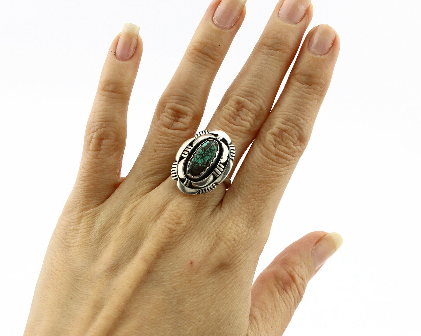 Navajo Ring .925 Silver Spiderweb Turquoise Artist Signed L. M. Nez C80s