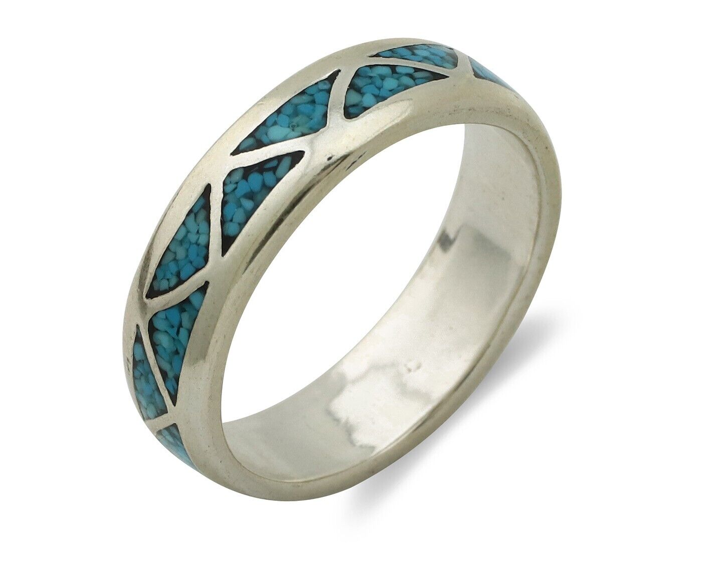 Navajo Chip Inlay Ring 925 Silver Sleeping Beauty Turquoise Artist Silver Cloud