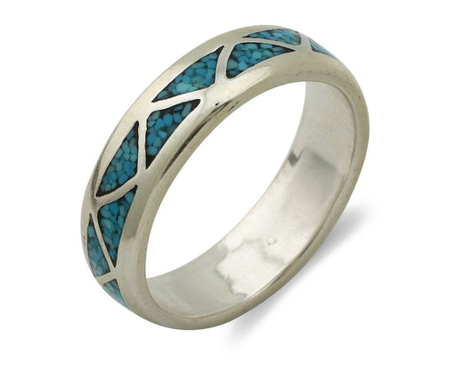 Navajo Chip Inlay Ring 925 Silver Sleeping Beauty Turquoise Artist Silver Cloud