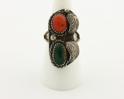 Navajo Ring 925 Silver Green Turquiose & Mediterranean Coral Native Artist C80s