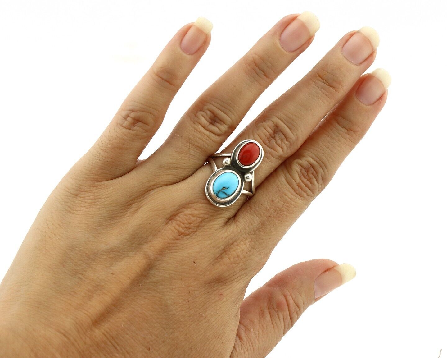Navajo Handmade Ring 925 Silver Coral & Turquoise Native American Artist C.80's