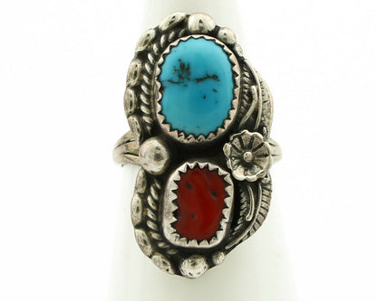 Navajo Ring .925 Silver Turquoise & Coral Artist Signed Thomas Singer C.80's