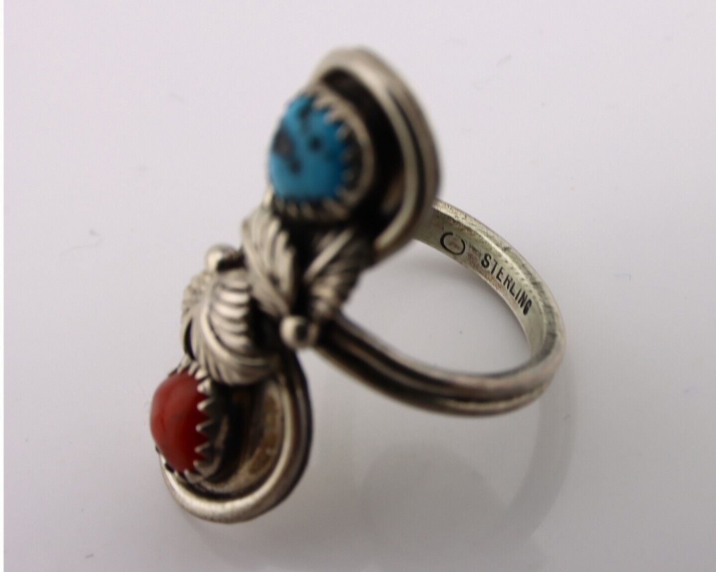 Navajo Ring 925 Silver Blue Turquiose & Mediterranean Coral Native Artist C.80's