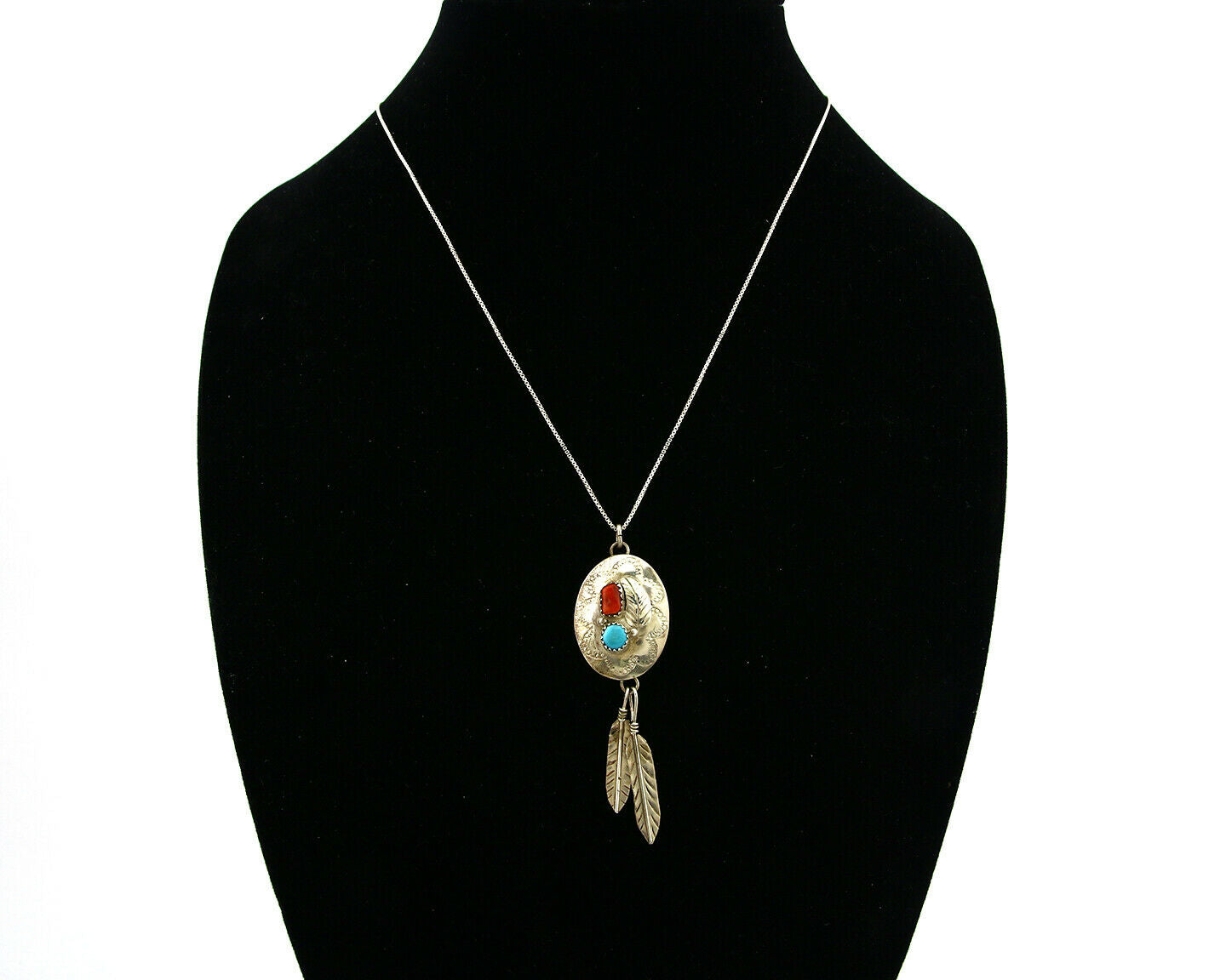 Navajo Pendant .925 Silver Turquoise & Coral Artist Signed ES C.80's
