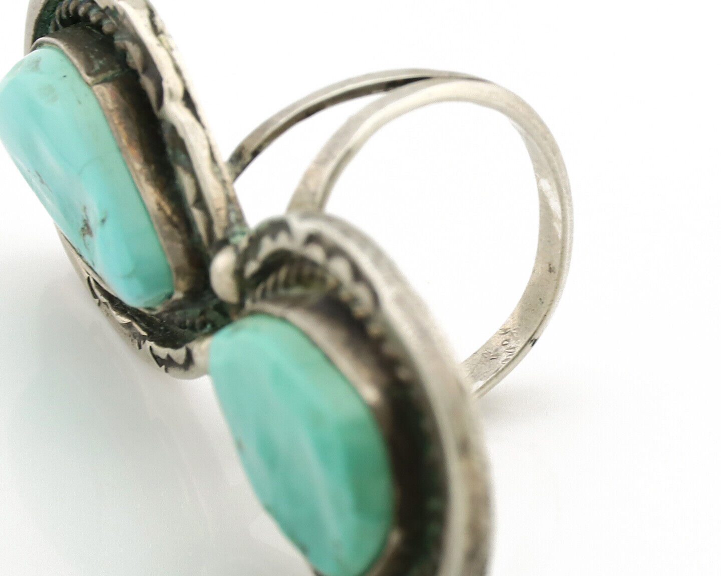 Navajo Ring .925 Silver Globe Turquoise Hand Stamped Native American Artist C80s