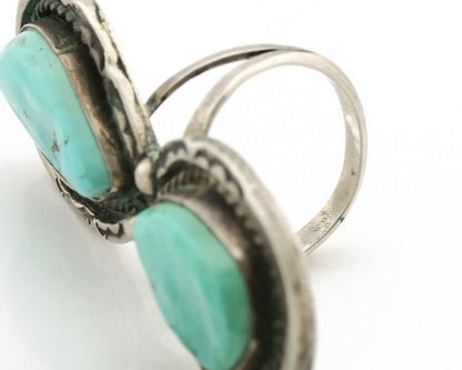 Navajo Ring .925 Silver Globe Turquoise Hand Stamped Native American Artist C80s