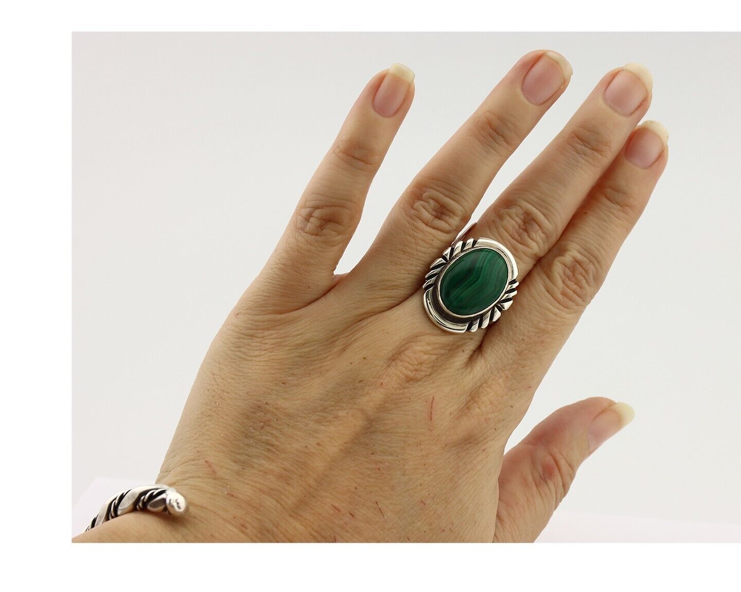 Navajo Ring 925 Silver Malachite Hand Stamped Signed NAKAI C.80's
