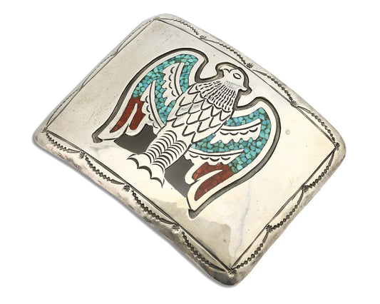 Navajo Belt Buckle 925 Silver Handmade Chip Inlay Artist Signed J. Nezzie C.80s