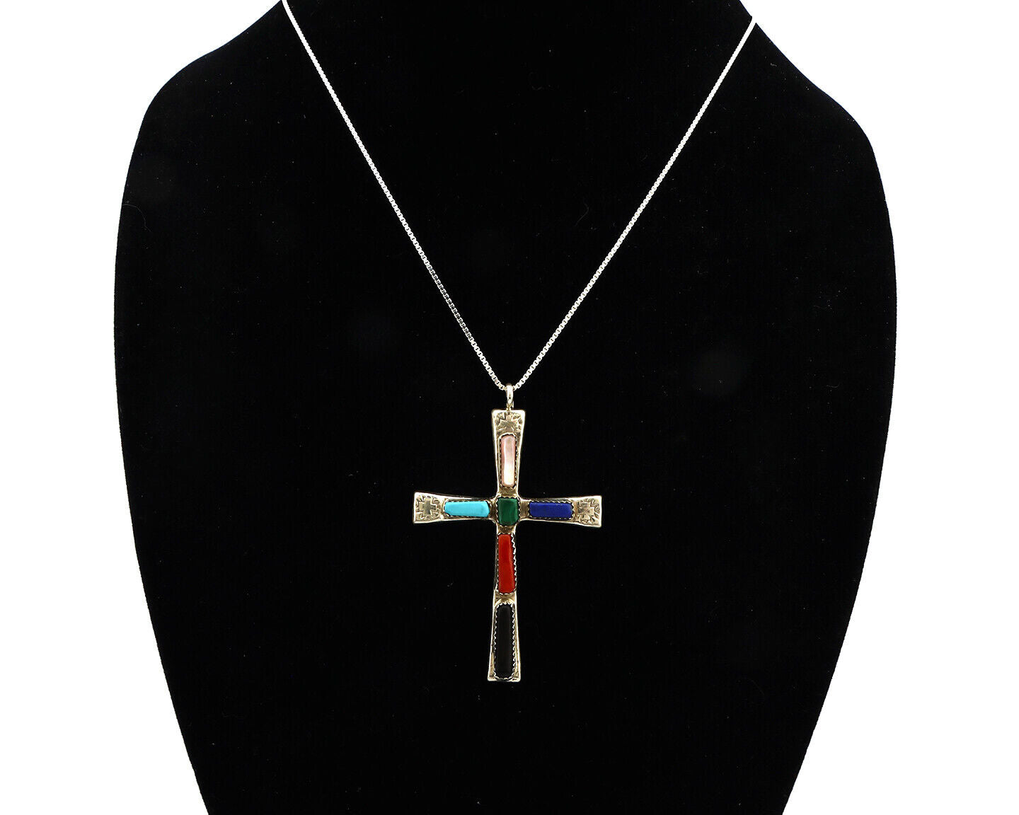 Zuni Handmade Cross Necklace 925 Silver Natural Gemstone Signed W. IULE C.80's