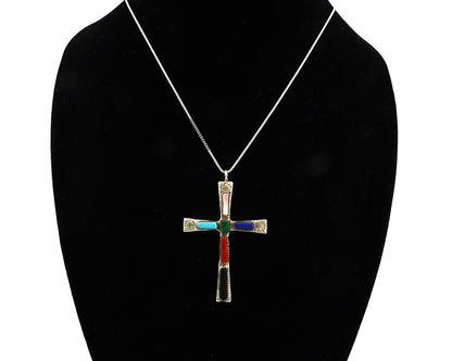 Zuni Handmade Cross Necklace 925 Silver Natural Gemstone Signed W. IULE C.80's