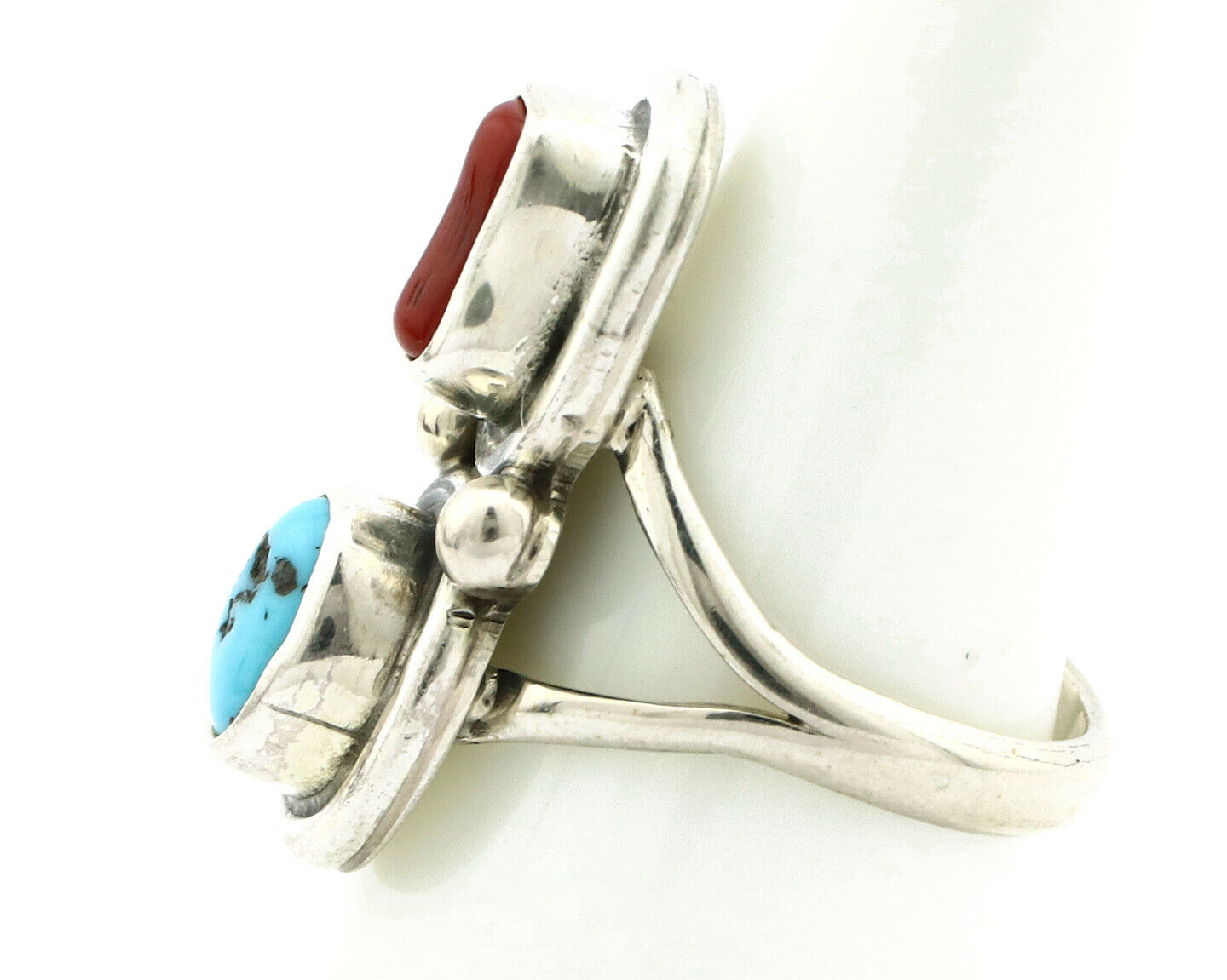 Navajo Ring .925 Silver Red Coral & Blue Turquoise Native Artist C.80's