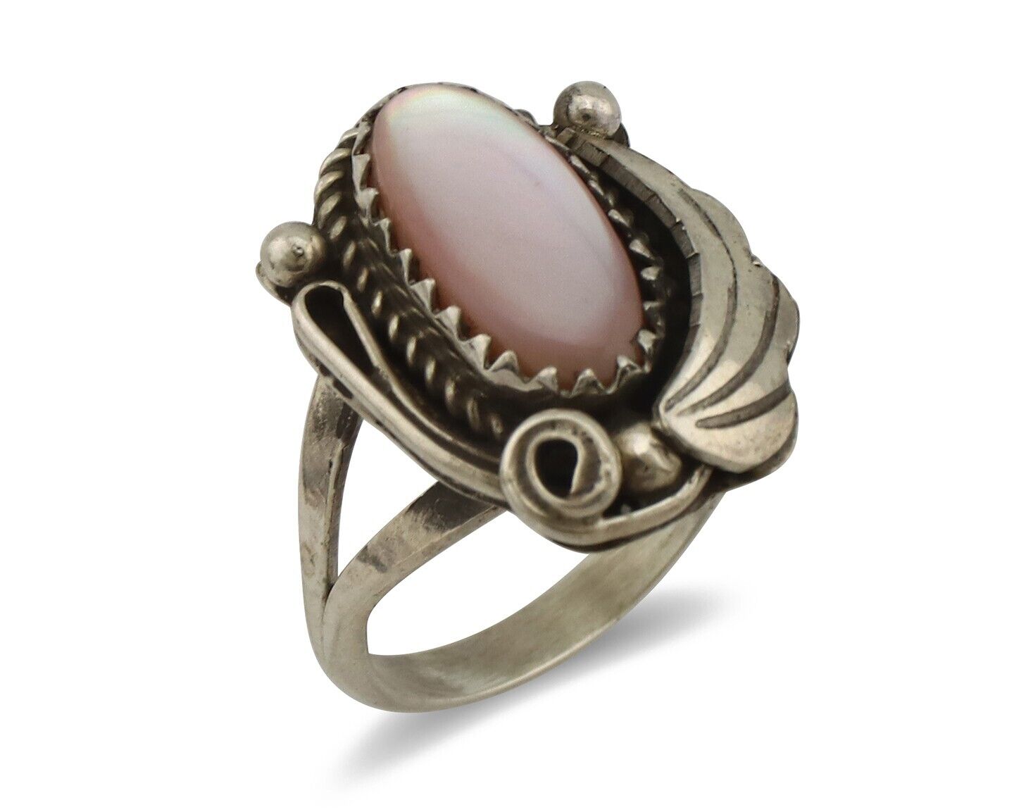 Navajo Ring .925 Silver Natural Pink Mussel Artist Signed Justin Morris C.80's