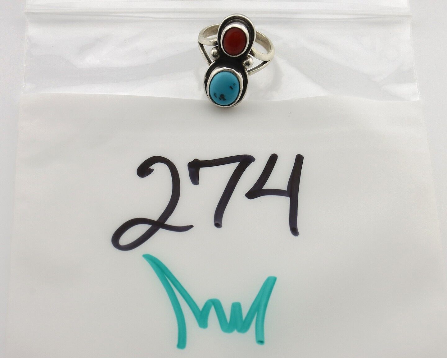 Navajo Inlay Band Ring 925 Silver Turquoise & Coral Native Artist C.80's