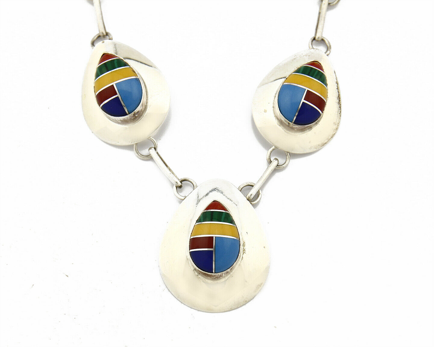 VTG Navajo Signed RWF .925 Silver & Gemstone Concho Inlaid Necklace