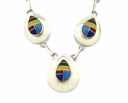 VTG Navajo Signed RWF .925 Silver & Gemstone Concho Inlaid Necklace