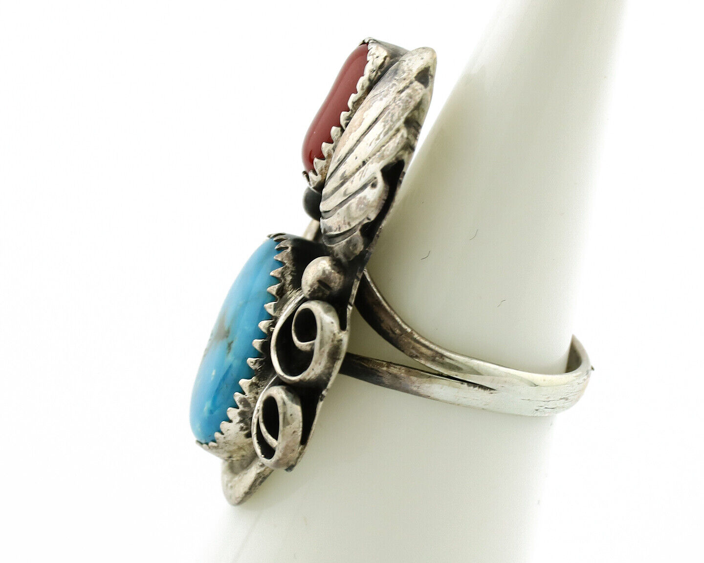 Navajo Ring 925 Silver Turquoise & Coral Artist Signed Native American C.80s