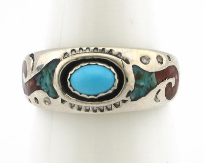 Navajo Handmade Ring 925 Silver Blue Turquoise & Coral Native American Artist
