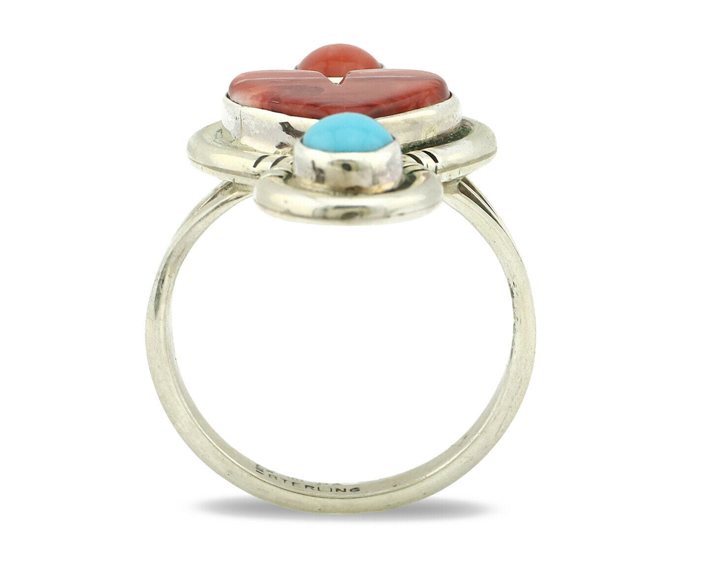 Navajo Ring .925 Silver Natural Coral & Turquoise Signed Carrol Felley C.80's