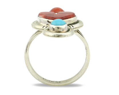 Navajo Ring .925 Silver Natural Coral & Turquoise Signed Carrol Felley C.80's