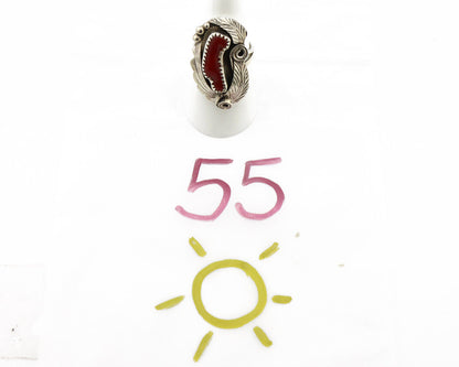 Navajo Ring 925 Silver Mediterranean Coral Artist Signed Justin Morris C.80's