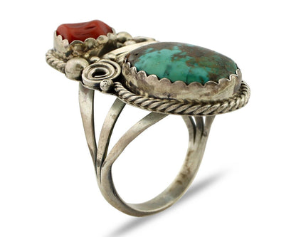 Navajo Ring 925 Silver Blue Turquiose & Coral Artist Signed Justin Morris C.80's