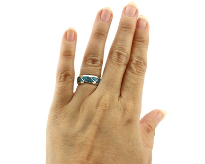 Navajo Chip Inlay Ring 925 Silver Sleeping Beauty Turquoise Artist Silver Cloud
