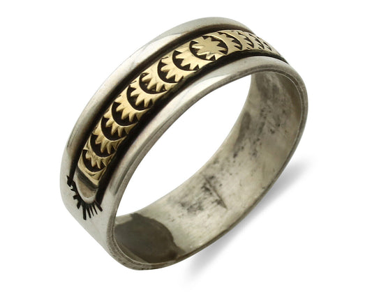 Navajo Ring 925 Silver & Solid 14k Yellow Gold Artist Signed E Hand Stamped C80s
