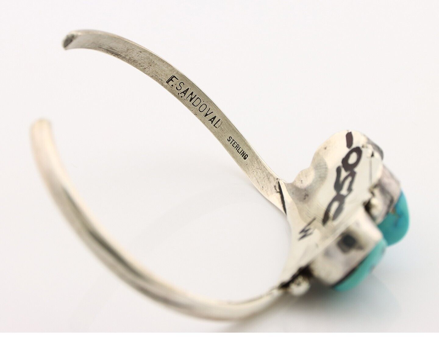 Navajo Bracelet 925 Silver Blue Kingman Turquoise Artist Signed E SANDAVOL C80s